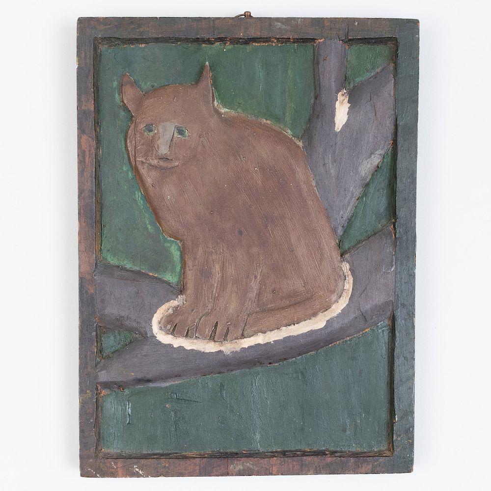 Appraisal: Primitive Painted Wood Cat in Bas-Relief x x in Condition