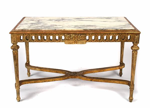 Appraisal: A Louis XVI style gilt wood and marble topped salon