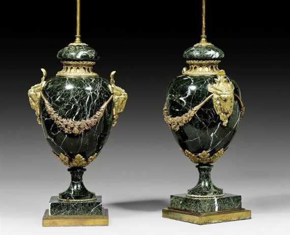 Appraisal: PAIR OF ORNAMENTAL VASES AS LAMPS Louis XVI style Paris