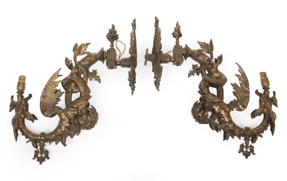 Appraisal: Antique American Bronze Figural Gas Brackets backplate with winged cherubs