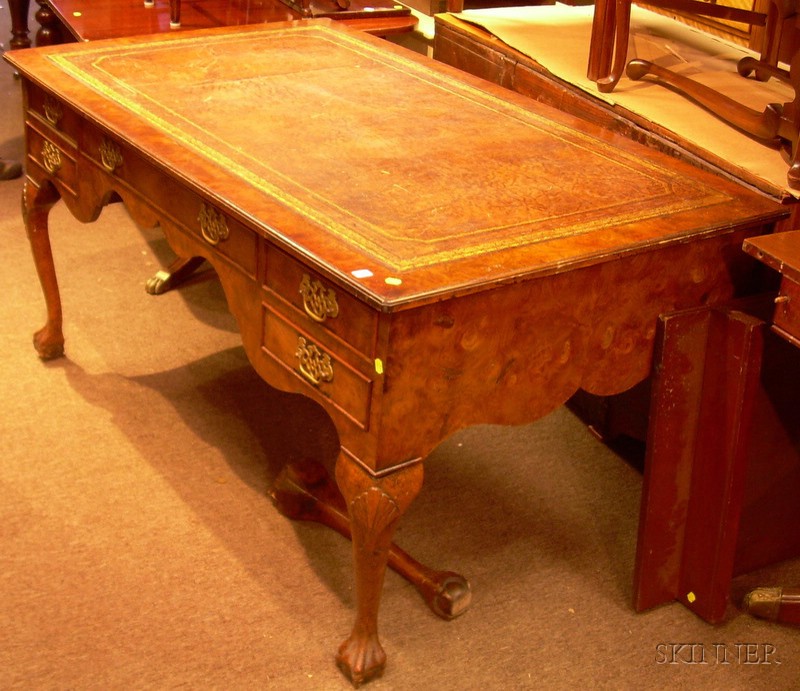 Appraisal: Georgian-style Burl Veneer Flat-top Writing Desk with Tooled Leather-inset Top