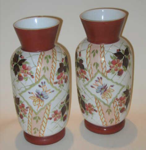 Appraisal: PAIR OF HAND PAINTED BRISTOL VASES With straight flaring rims