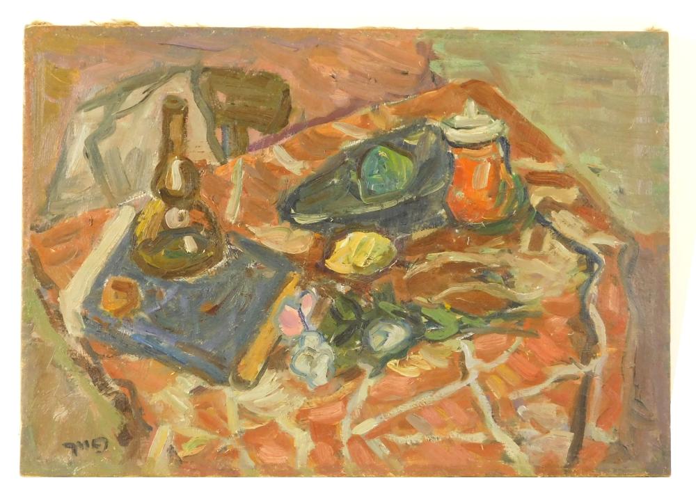 Appraisal: th C abstract still life oil on canvas depicts tabletop