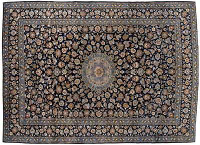 Appraisal: Kashan rug central medallion on dark blue field with ivory