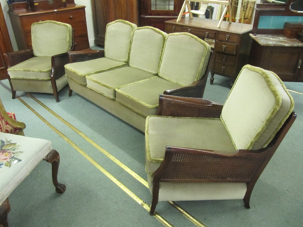 Appraisal: Mahogany double cane bergere lounge suite three pieces