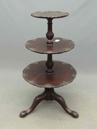 Appraisal: th c three tiered mahogany dumbwaiter with carved ball and