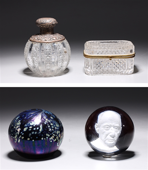 Appraisal: Four signed glass table objects including iridescent glass paperweight signed