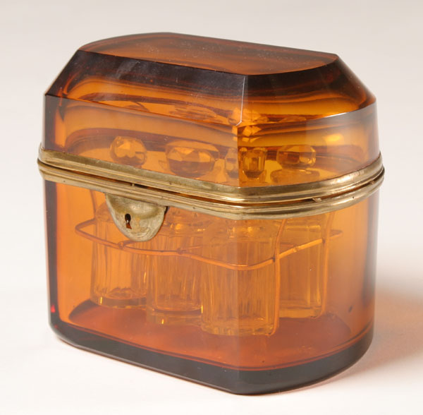 Appraisal: Amber cut glass toiletries lock box with brass mounts and