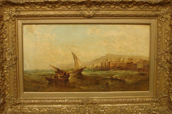 Appraisal: Seascape with boats in water by coastline x SLR A