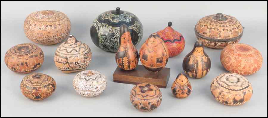 Appraisal: GROUP OF PERUVIAN CARVED GOURDS Largest Diameter '' Condition No