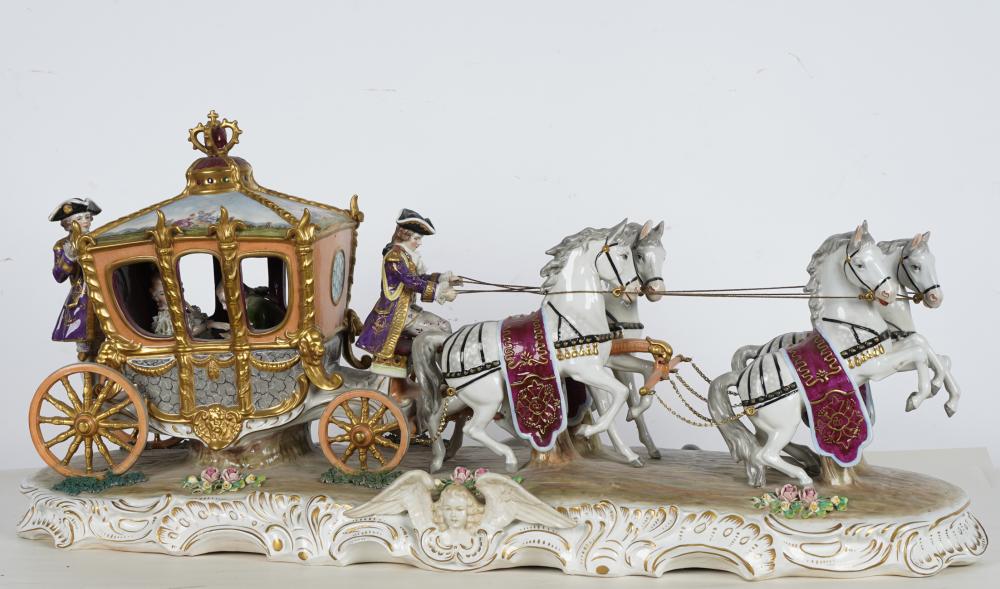 Appraisal: CONTINENTAL PORCELAIN HORSE-DRAWN CARRIAGE GROUPunmarked with painted gilt and lace-trimmed