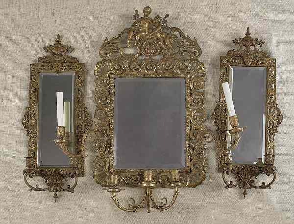 Appraisal: Pair of mirrored brass sconces h