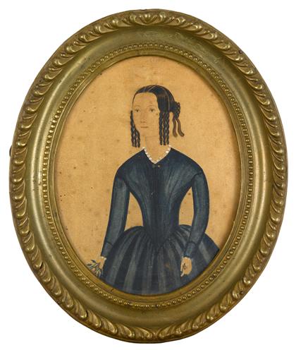 Appraisal: American School th centuryportrait of a lady in blue wearing