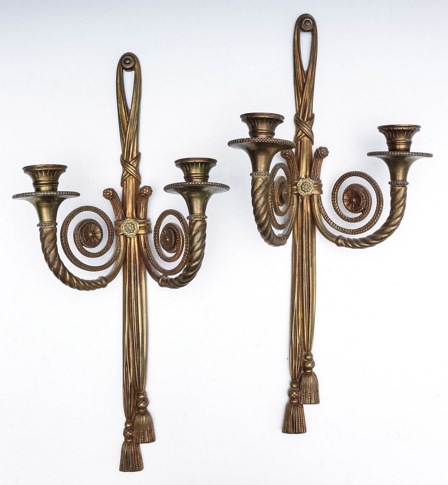 Appraisal: PAIR LOUIS XVI REVIVAL BRASS TASSEL AND HORN SCONCES The