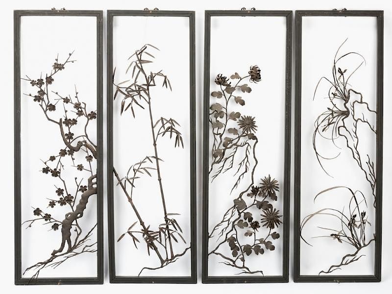 Appraisal: Asian Seasons Panels Iron Floral Designs Set of four iron