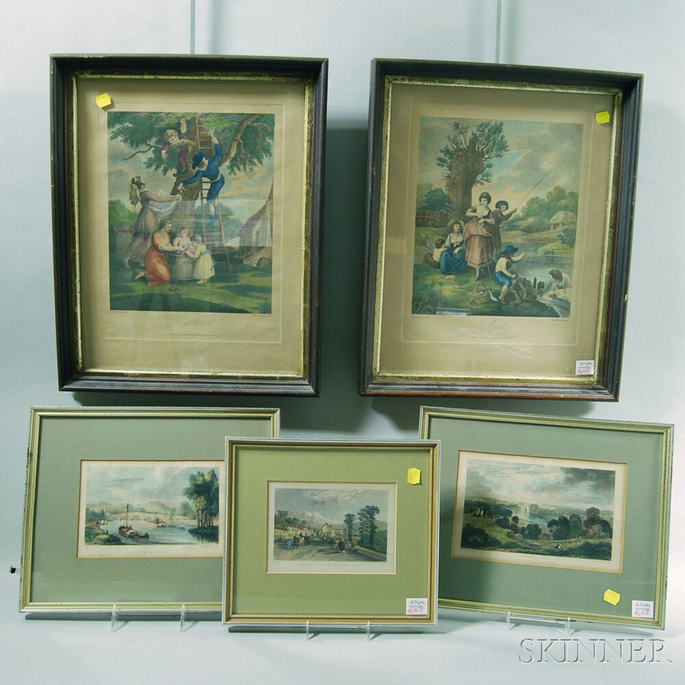 Appraisal: Five Assorted Framed Prints three hand-colored landscapes Richmond Bridge Tavistock