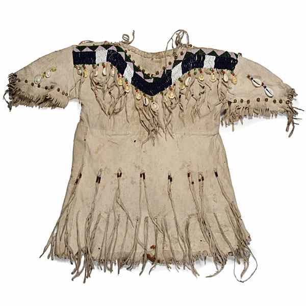 Appraisal: Plateau Child's Beaded Hide Dress thread-sewn and decorated with a