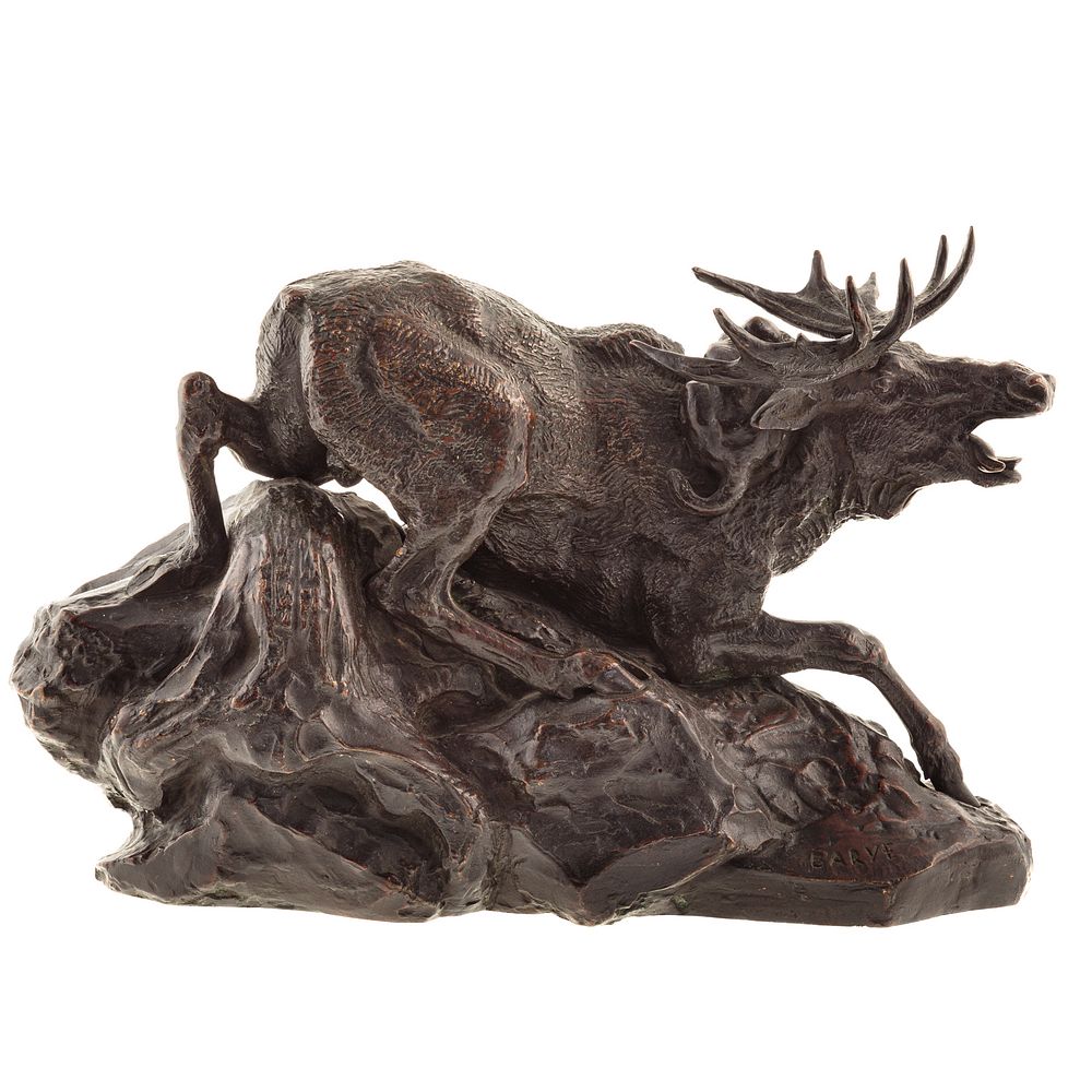 Appraisal: After Barye Moose Attacked By Lynx Bronze modeled as large