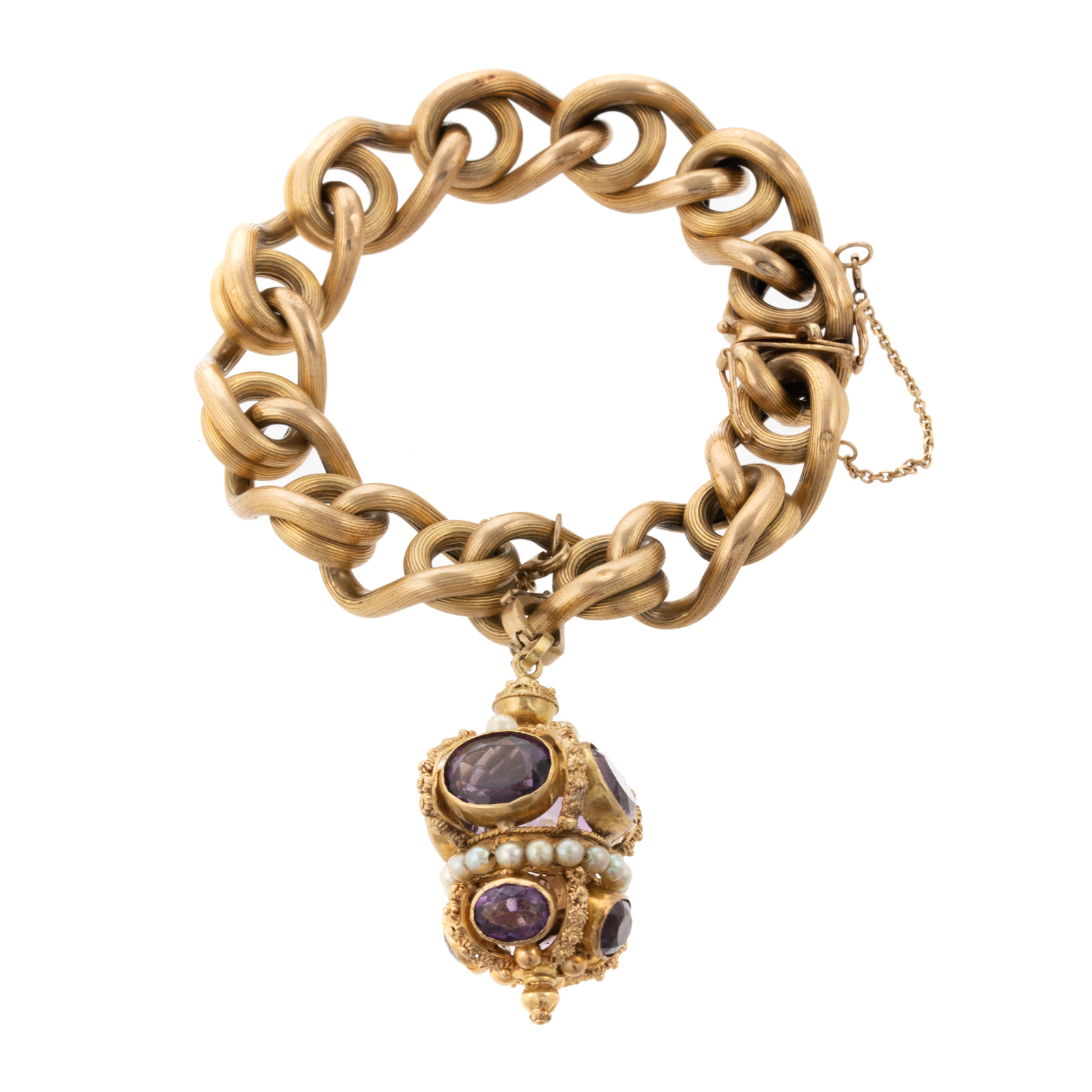 Appraisal: A RIBBED LINK BRACELET WITH AMETHYST CHARM IN K K