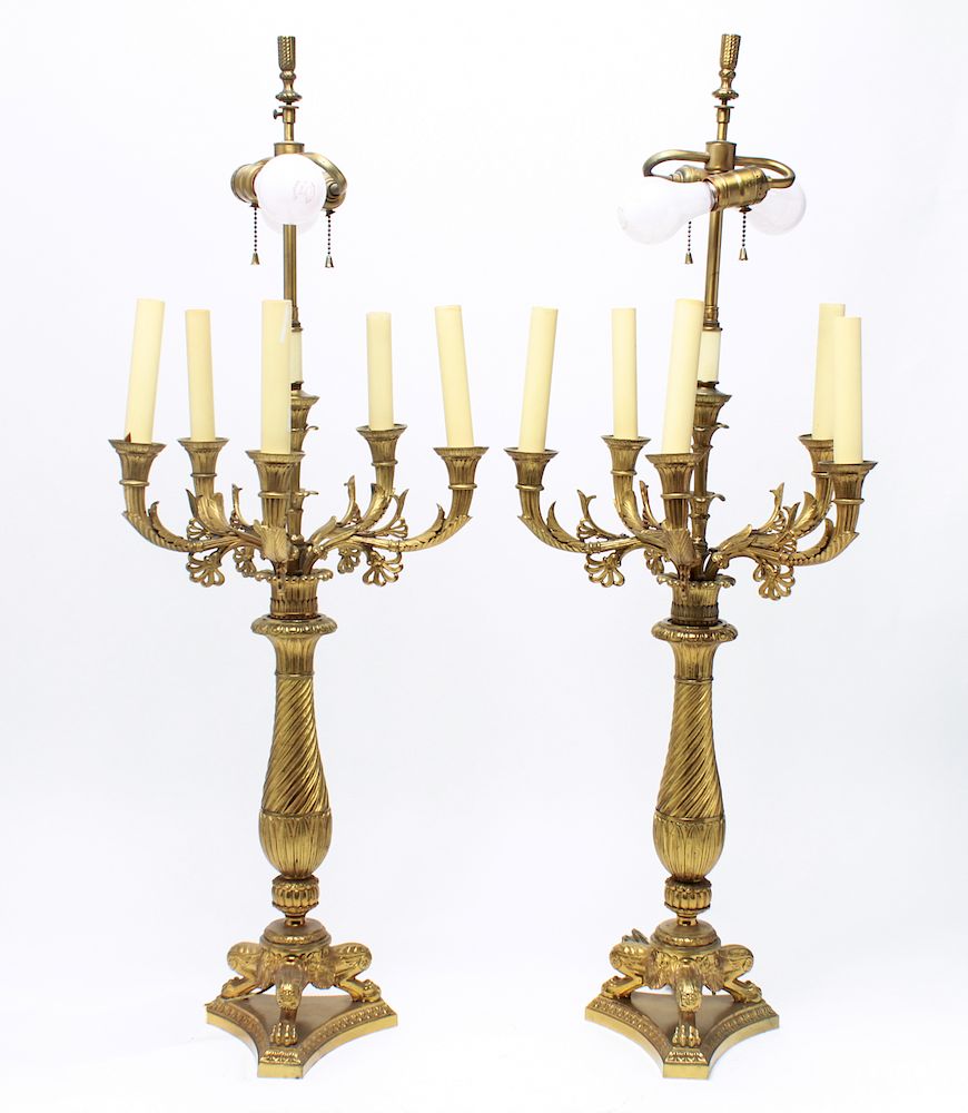 Appraisal: Neoclassical Gilt Bronze Candelabra Table Lamps Pr Pair of Neoclassical