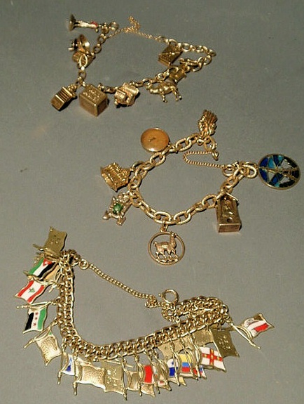 Appraisal: Three gold charm bracelets many of the charms k