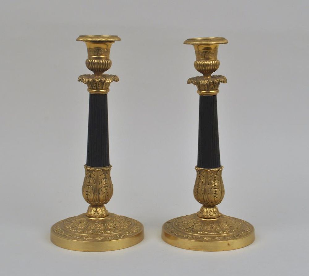 Appraisal: Pair French Empire Style Candlesticks round base brass and verte