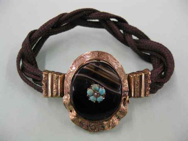 Appraisal: Victorian Bracelet gold-filled agate turquoise woven hair circa 's scarce