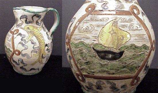 Appraisal: Italian pottery pitcher signed A Bitini polychrome with ship and