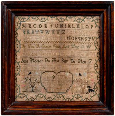 Appraisal: American sampler seven lines over heart shaped cartouche surrounded by