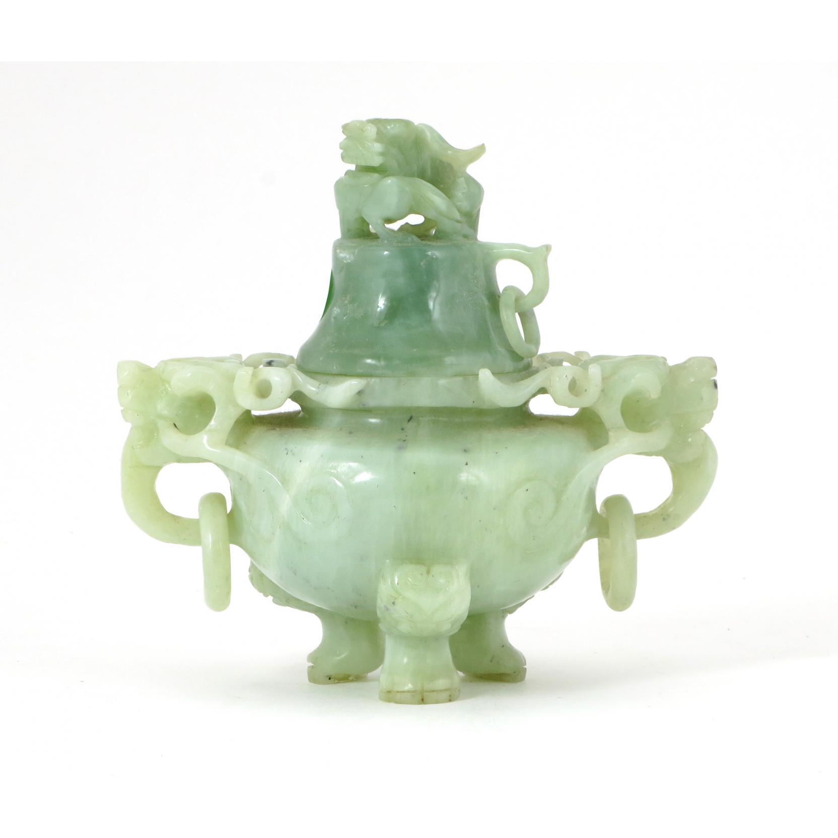 Appraisal: Chinese Jade Censer with Cover with dragon form masks holding