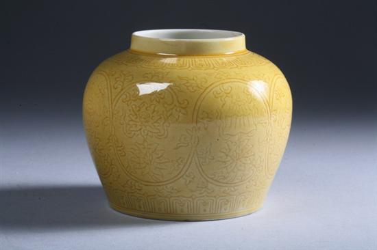 Appraisal: CHINESE YELLOW PORCELAIN JAR Incised with floral decoration - in