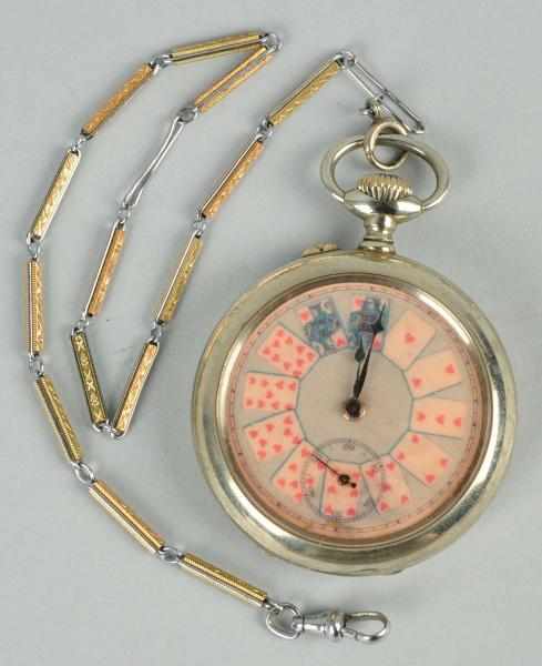 Appraisal: Playing Cards Pocket Watch Description Working Unmarked Includes nice chain