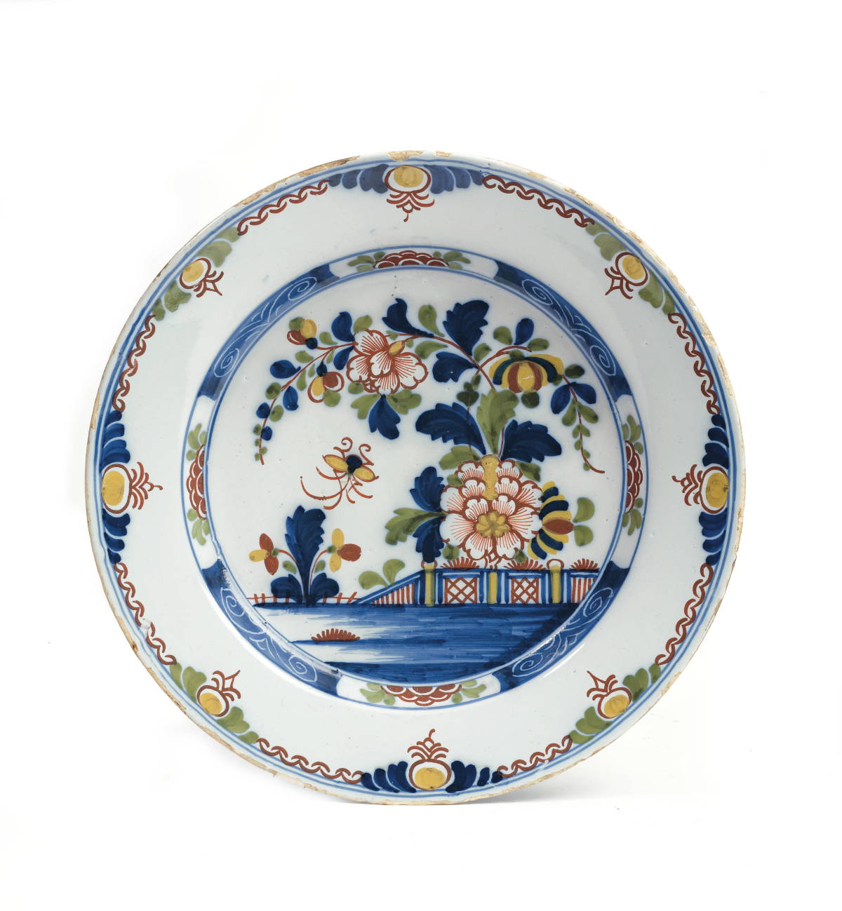 Appraisal: LONDON DELFT POLYCHROME DISH DEPICTING A FENCE GARDEN AND FLYING