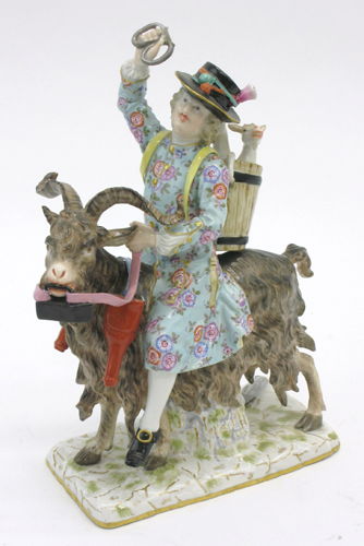 Appraisal: LATE TH C MEISSEN PORCELAIN FIGURINE Count Bruhl's Tailor astride