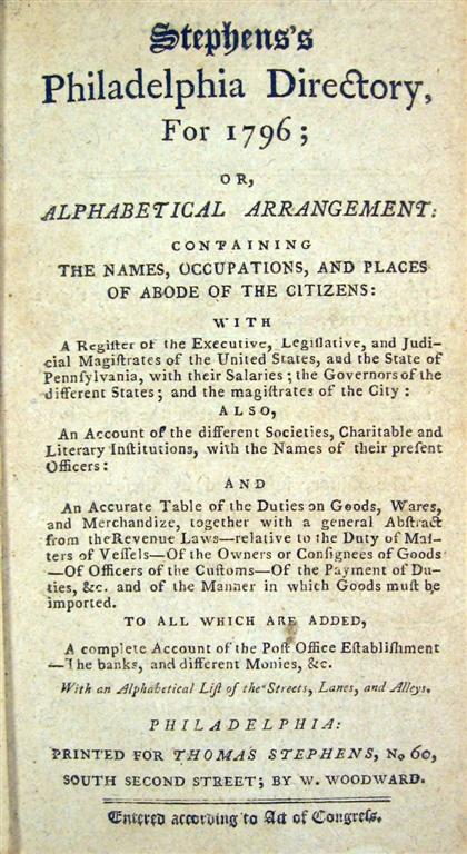 Appraisal: vol Stephens Thomas Stephens's Philadelphia Directory for Philadelphia printed for