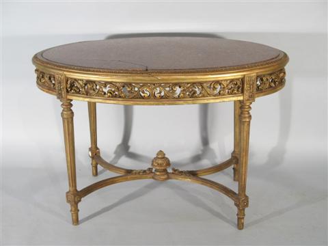 Appraisal: LOUIS XVI STYLE CARVED GILTWOOD CENTER TABLE The oval inset