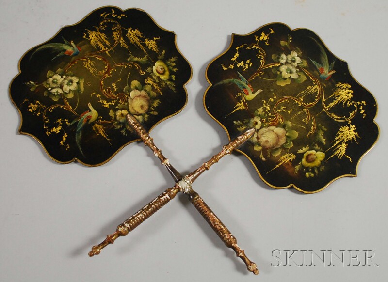 Appraisal: Pair of Victorian Black Lacquer Hand Fans England th century