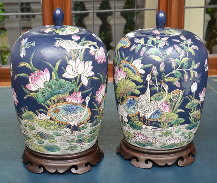 Appraisal: PAIR OF CHINESE COVERED VASES DECORATED WITH WATERLILIES AND WATER