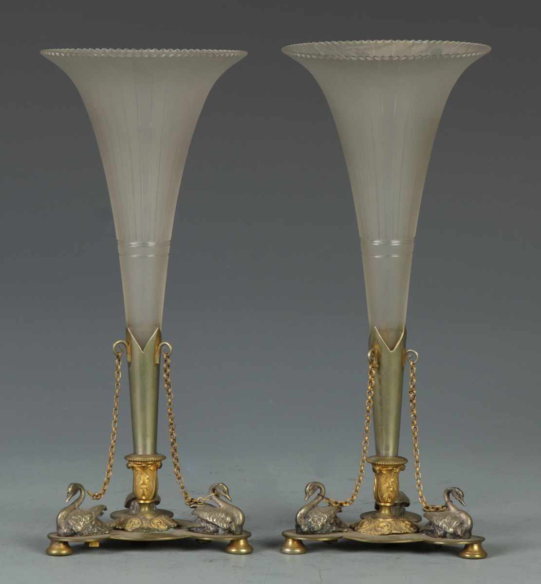 Appraisal: Pair of Silver Patinated Brass Glass Vases Fluted etched glass