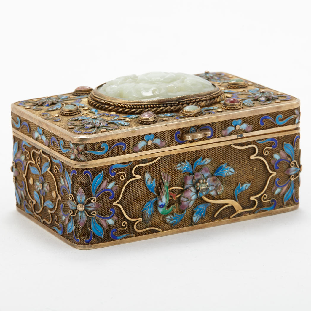 Appraisal: Chinese Export Silver Gilt Enamel Jade and Hardstone Mounted Box