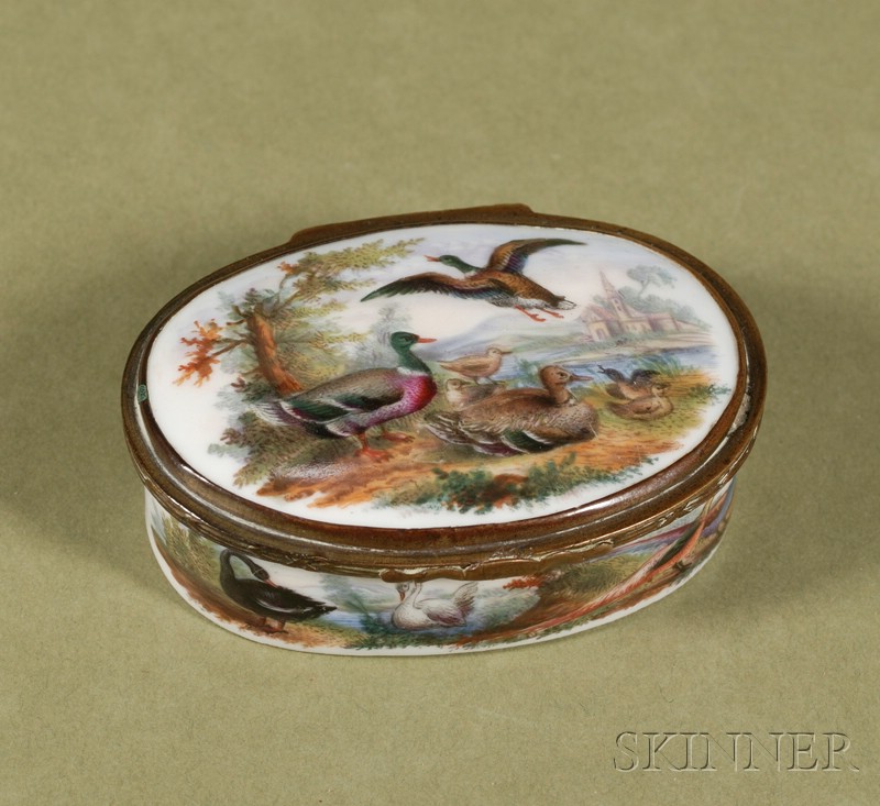 Appraisal: French Painted Porcelain Oval Patch Box th century decorated to