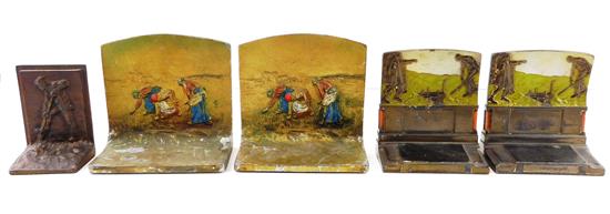 Appraisal: Five th C bronze and cast-iron agricultural themed bookends featuring