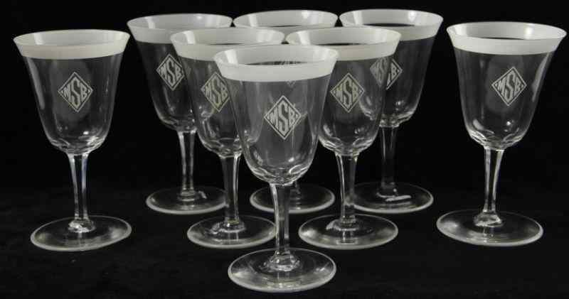 Appraisal: Set of Eight Monogrammed Gobletsclear glass with white painted foot