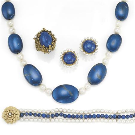 Appraisal: Group of Gold Lapis Blue Hardstone and Cultured Pearl Jewelry