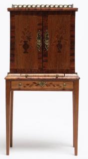 Appraisal: J Davenport Marquetry Dollhouse Secretary on Frame Miniature the doors