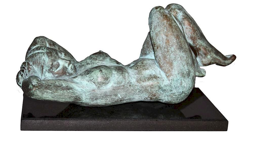 Appraisal: Reclining Nude Bronze th century Bronze with green patination signed