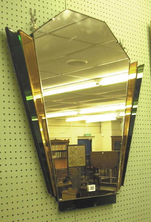 Appraisal: Art Deco fan shaped green and amber glass wall mirror