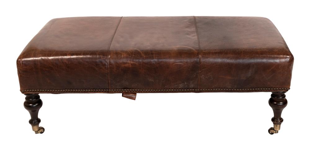 Appraisal: RESTORATION HARDWARE LEATHER OTTOMAN CONTEMPORARY HEIGHT TOP X RESTORATION HARDWARE