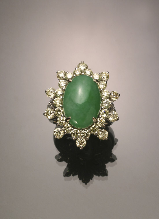 Appraisal: -Karat White-Gold Green Jadeite Jade and Fancy-Colored Diamond Dinner Ring