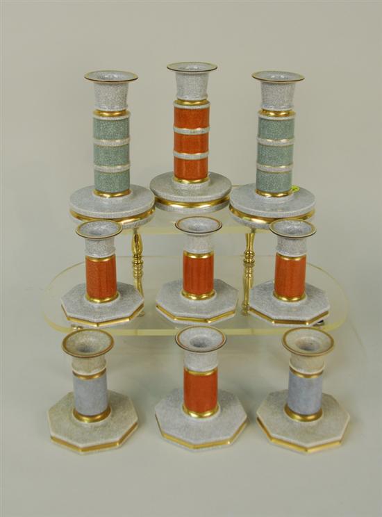 Appraisal: COLLECTION OF NINE ROYAL COPENHAGEN GILT DECORATED CRACKLE GLAZE CANDLESTICKS